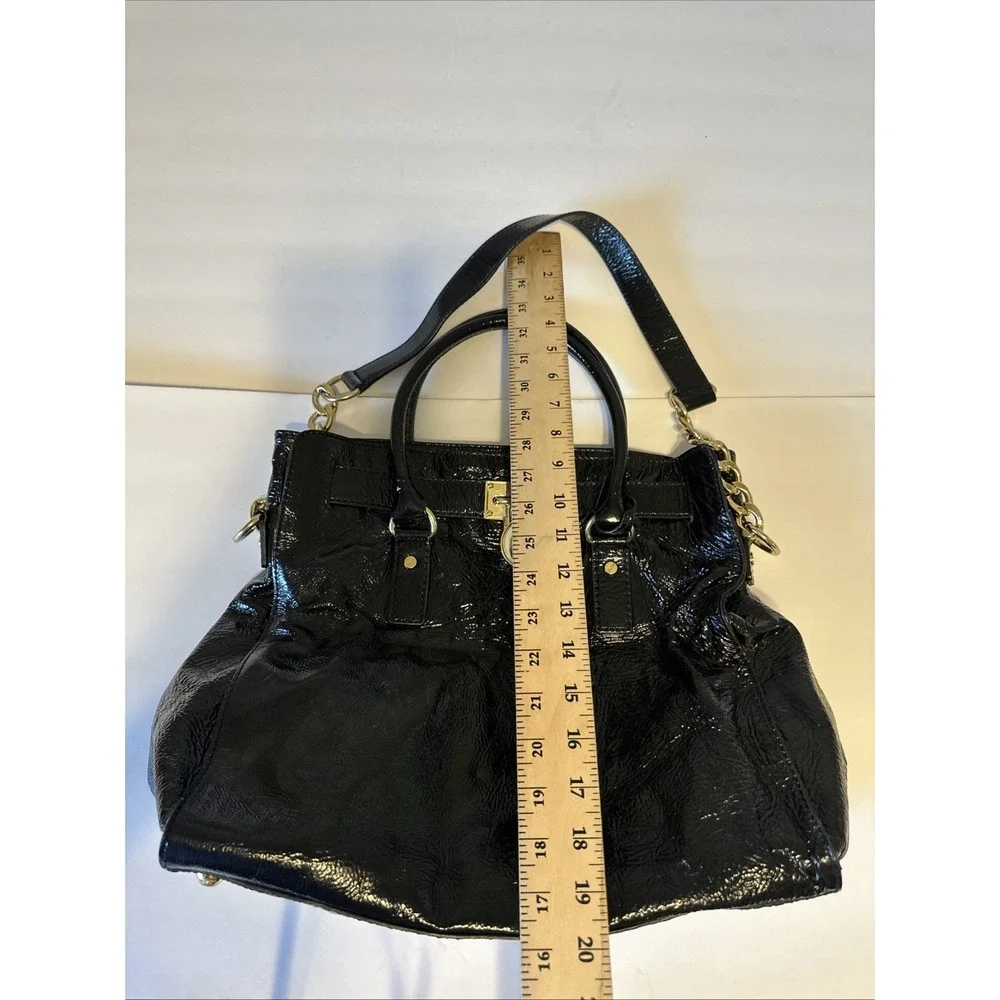 Michael Kors Black Large Satchel Top Handle Lock Chain Strap Gold Hardware